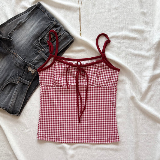 PORCELAIN TOP IN RED GHINGHAM (Bust : 30-34, Upper Waist : 24-29)