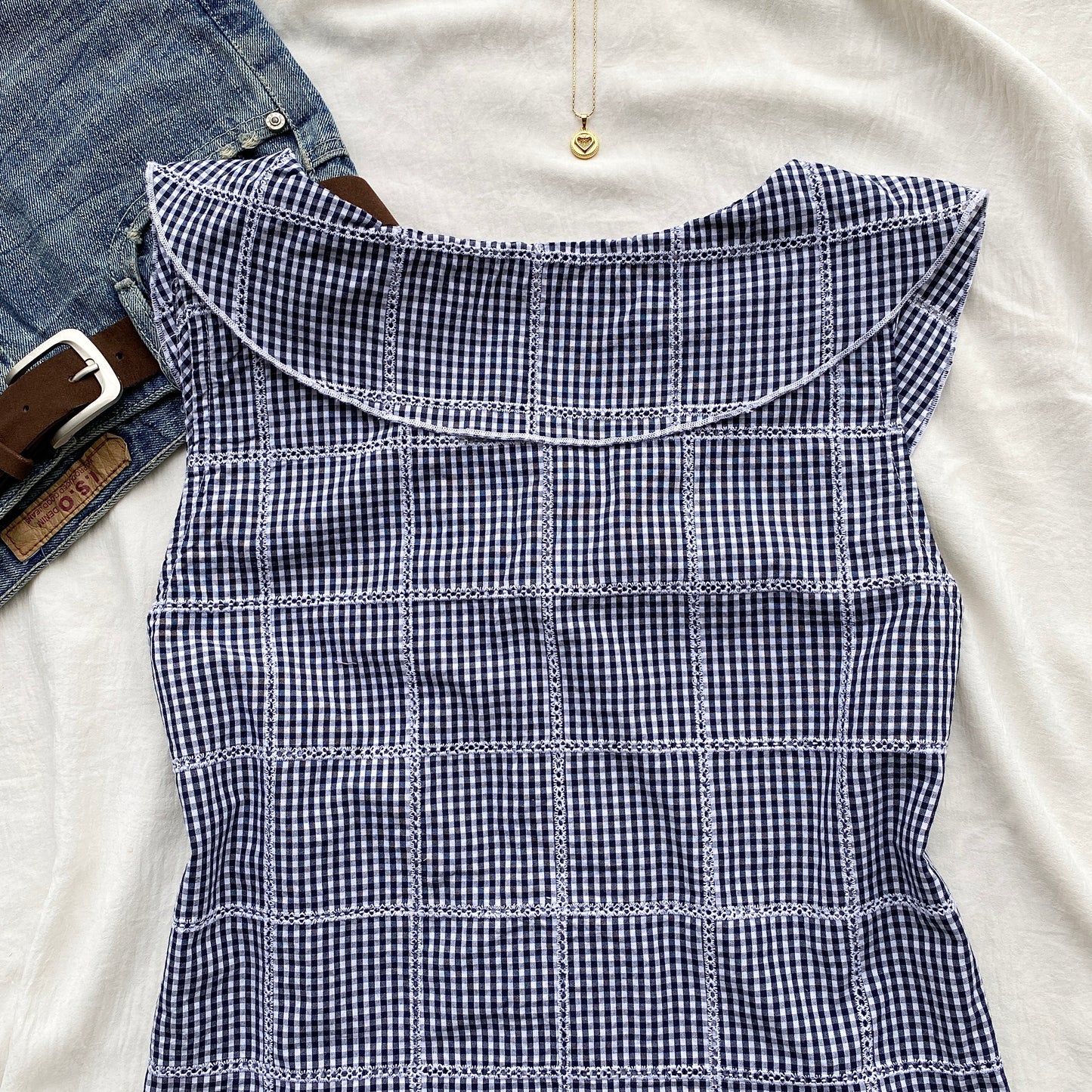 BLUE GHINGHAM TOP FROM FREE PEOPLE (Bust : 36-38, Upper Waist : 30-34)