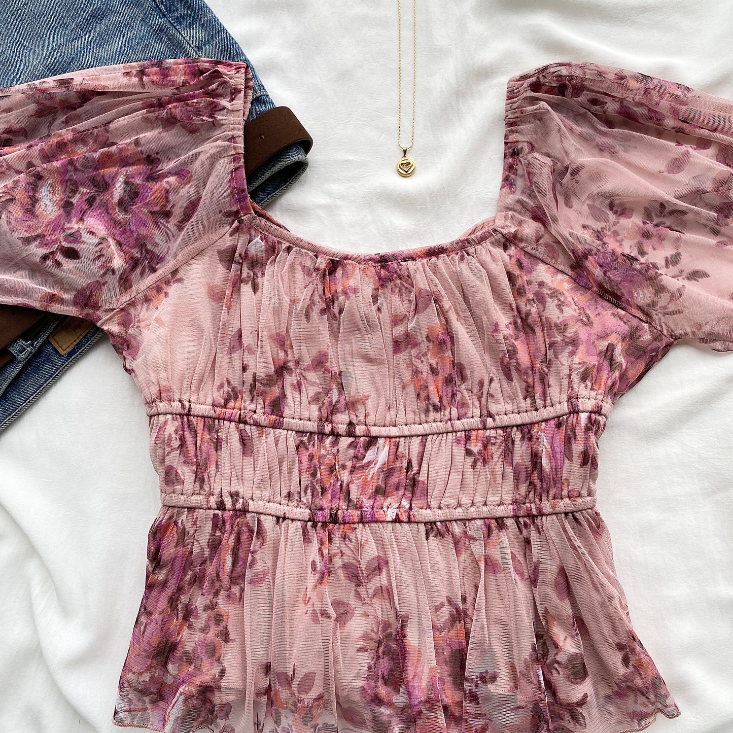 PINK FLORAL RUCHED TOP (Bust : 34-36, Upper Waist : 28-32)