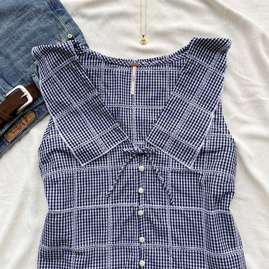 BLUE GHINGHAM TOP FROM FREE PEOPLE (Bust : 36-38, Upper Waist : 30-34)