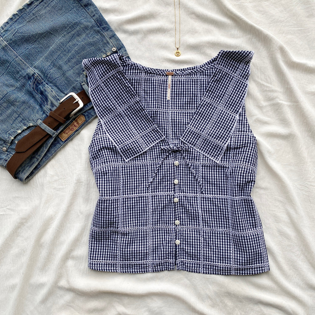 BLUE GHINGHAM TOP FROM FREE PEOPLE (Bust : 36-38, Upper Waist : 30-34)