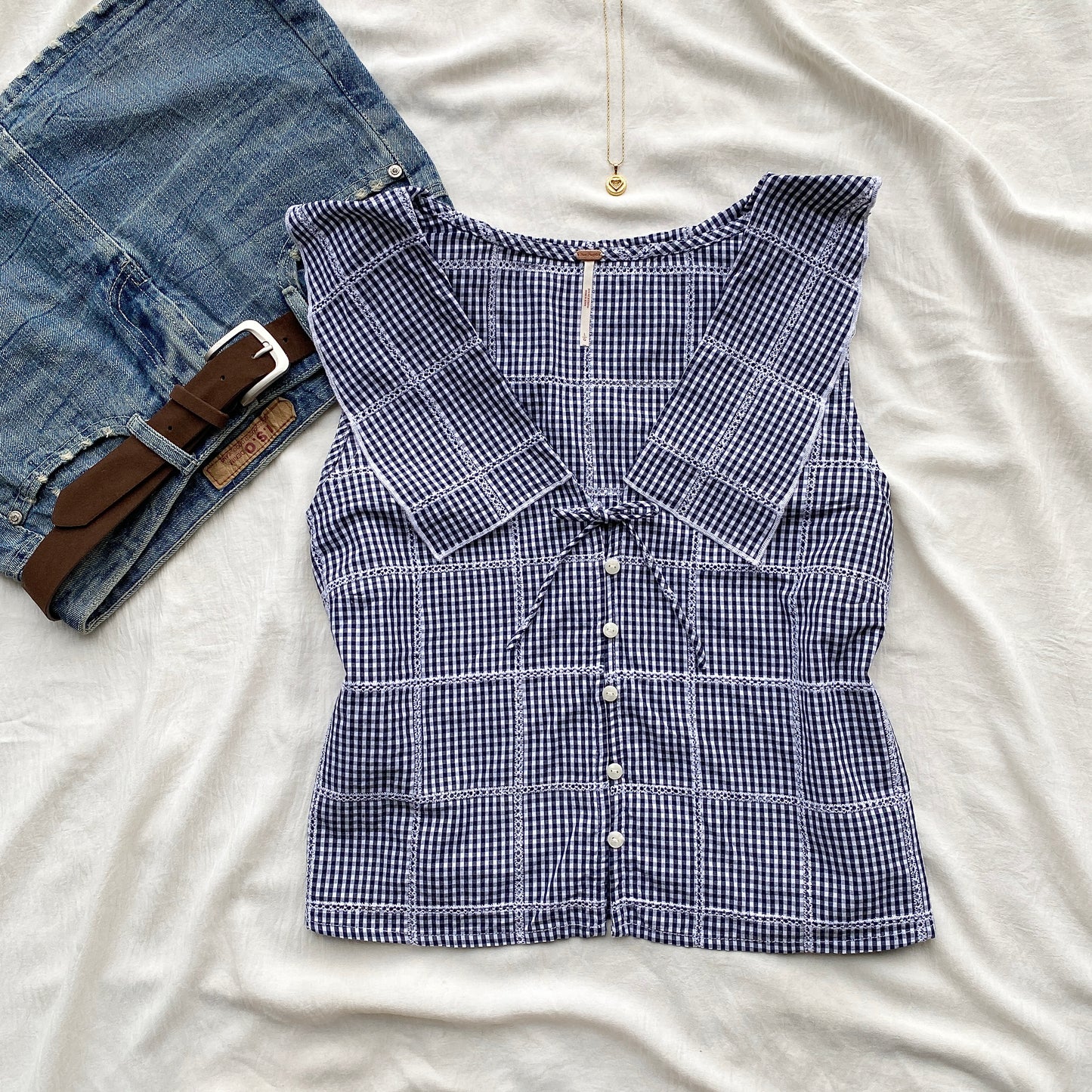 BLUE GHINGHAM TOP FROM FREE PEOPLE (Bust : 36-38, Upper Waist : 30-34)