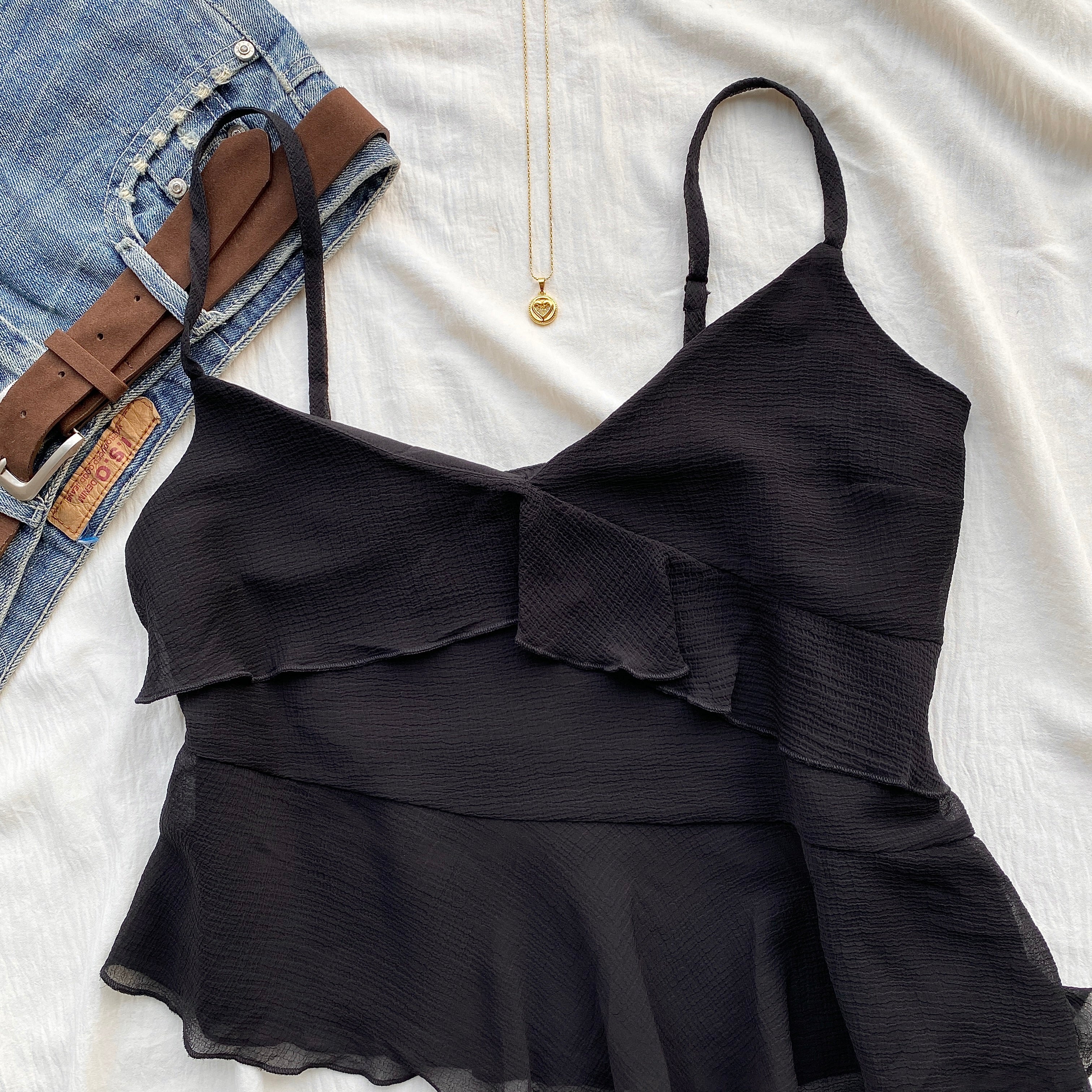 RUFFLE TOP IN BLACK (Sizes available)