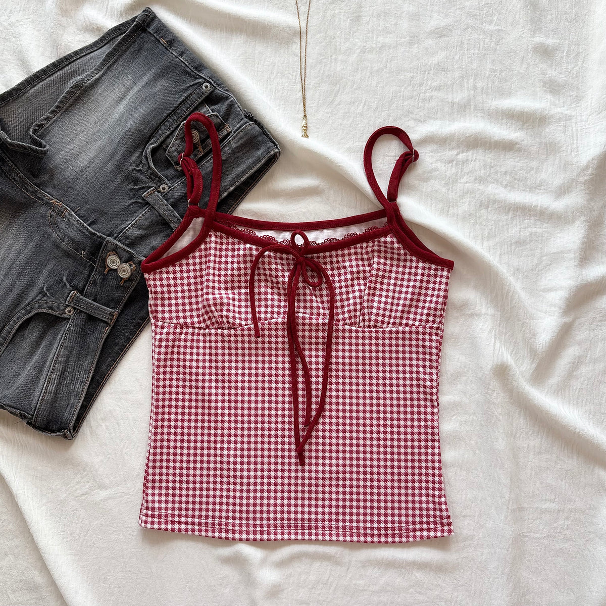 PORCELAIN TOP IN RED GHINGHAM (Bust :  30-34, Upper Waist : 24-29)