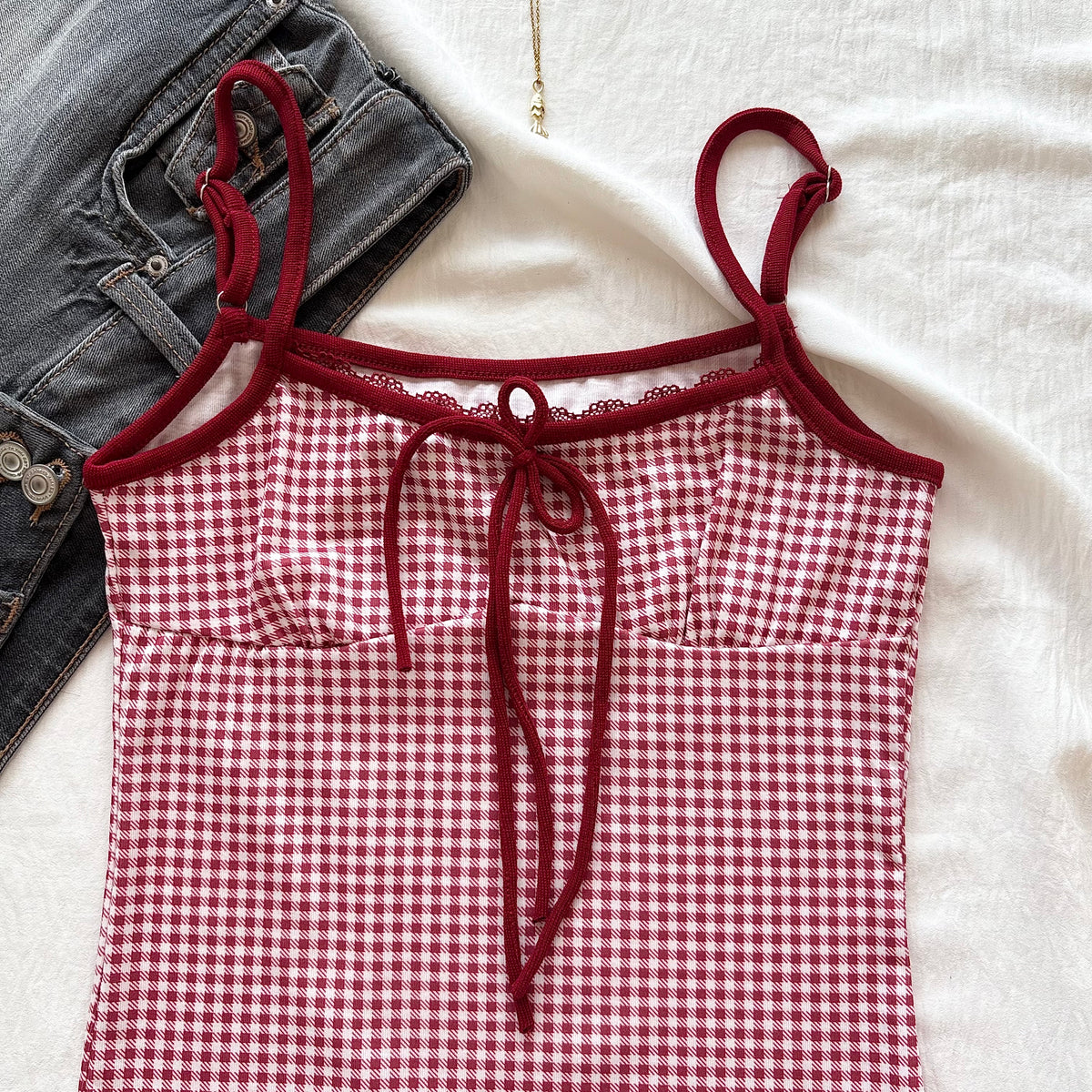 PORCELAIN TOP IN RED GHINGHAM (Bust :  30-34, Upper Waist : 24-29)