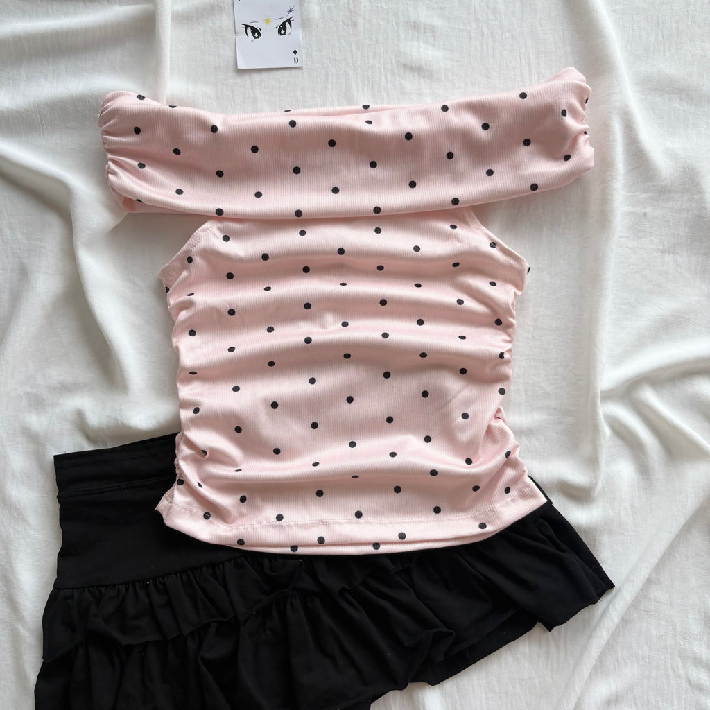 PINK OFF SHOULDER POLKA DOT (Bust : 28-32, Upper Waist : 22-28)