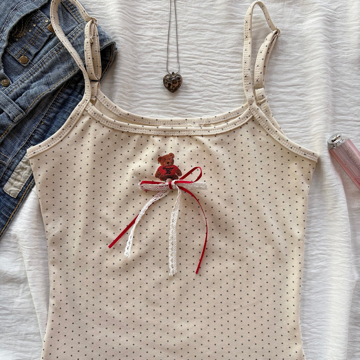 TEDDY BEAR POLKA DOT TANK IN GREY (Bust : 28-34, Upper Waist : 22-28)