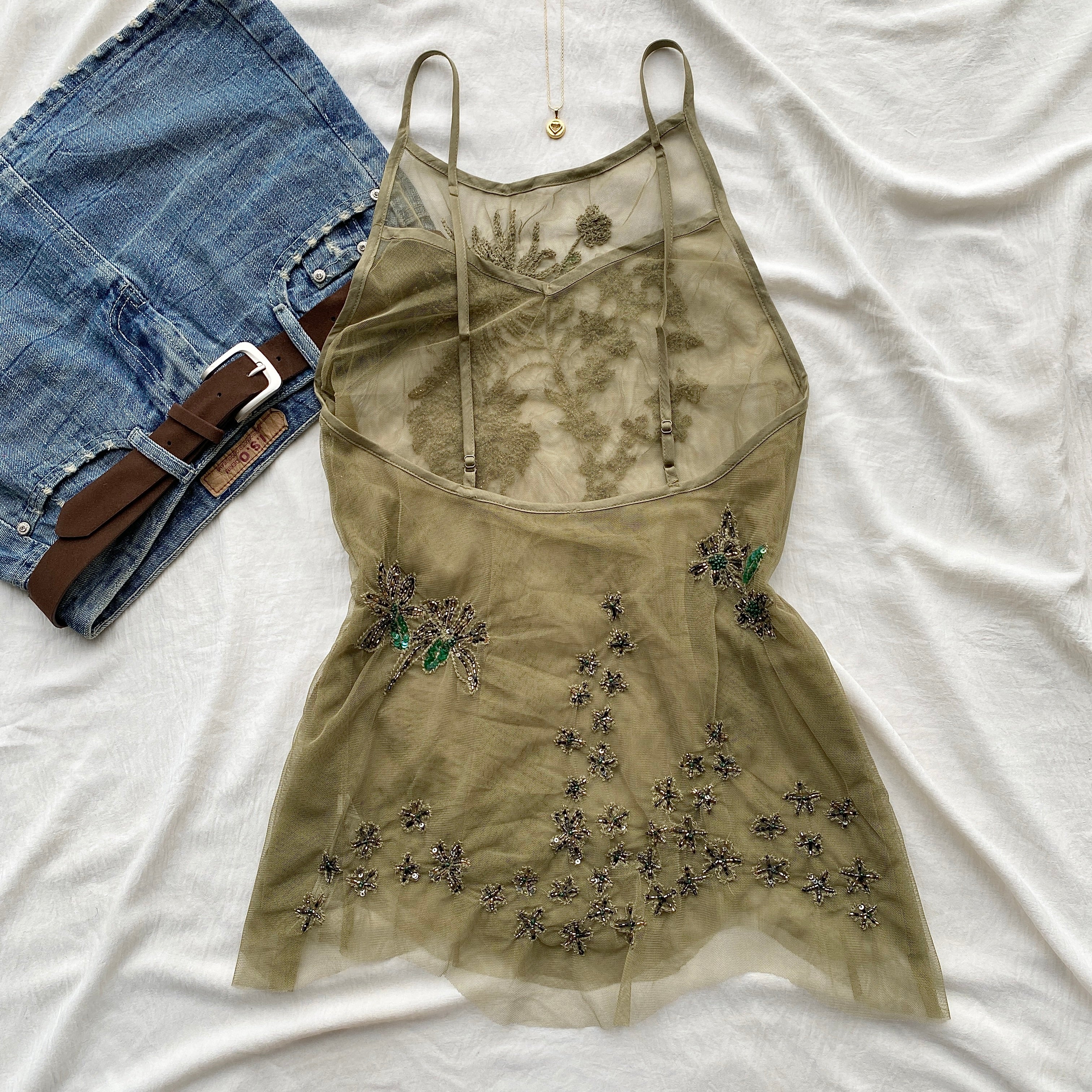 GREEN EMBELLISHED FAIRY TOP FROM FREE PEOPLE (Bust : 30-34, Upper Waist : 24-28)