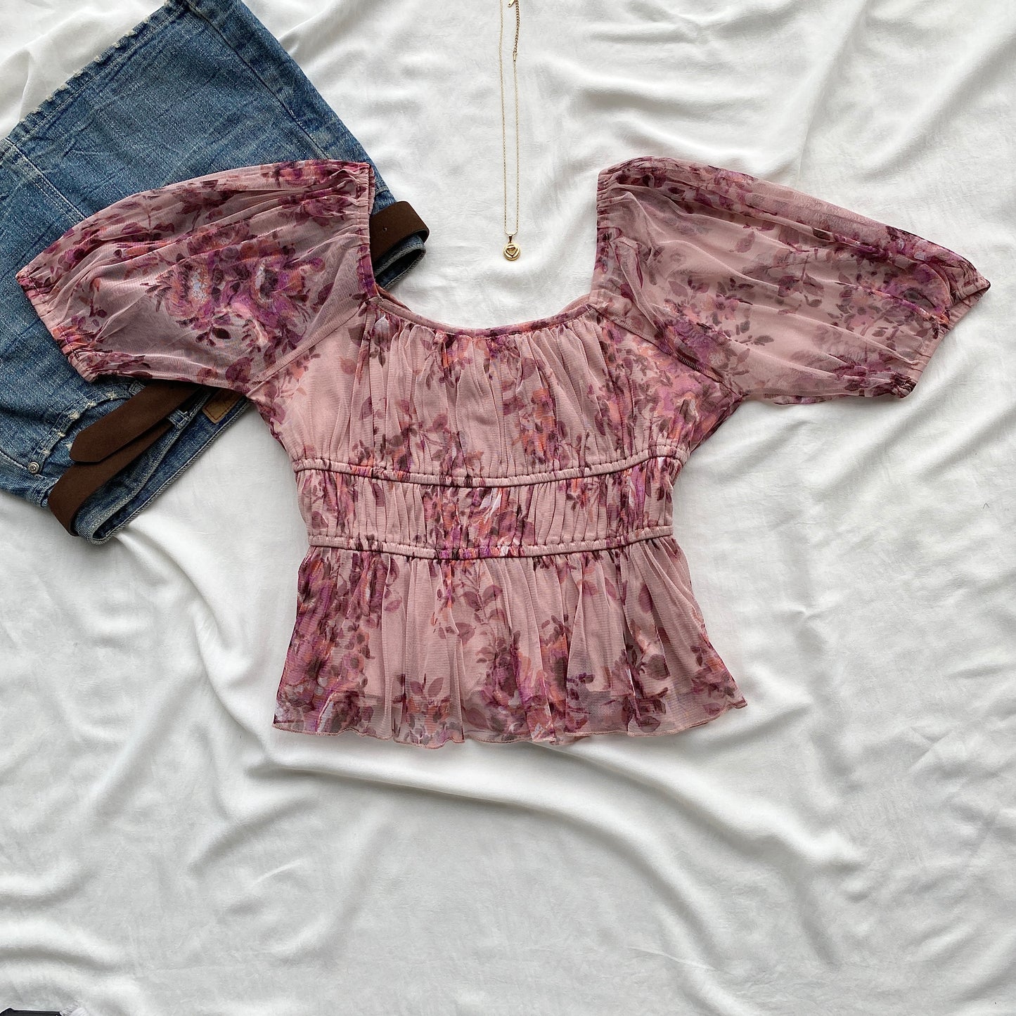 PINK FLORAL RUCHED TOP (Bust : 34-36, Upper Waist : 28-32)