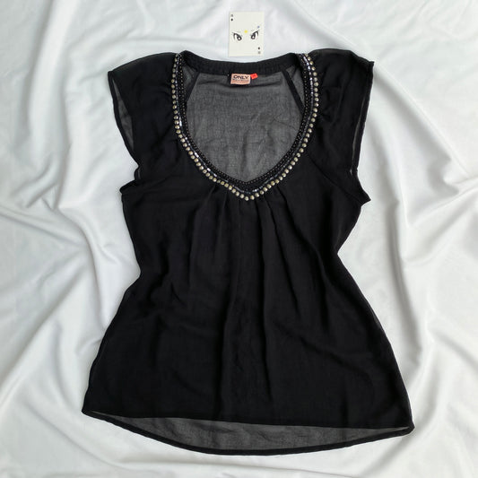 BLACK MESH TOP WITH EMBELLISHED NECKLINE FROM ONLY (Bust : 34-38)
