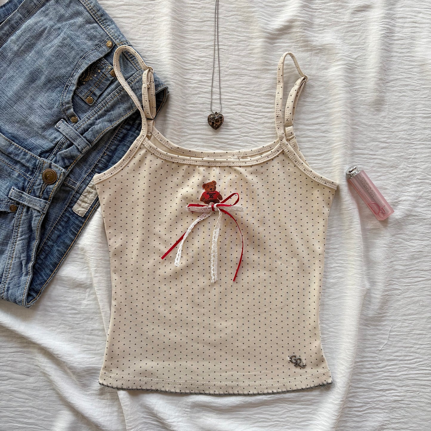 TEDDY BEAR POLKA DOT TANK IN GREY (Bust : 28-34, Upper Waist : 22-28)