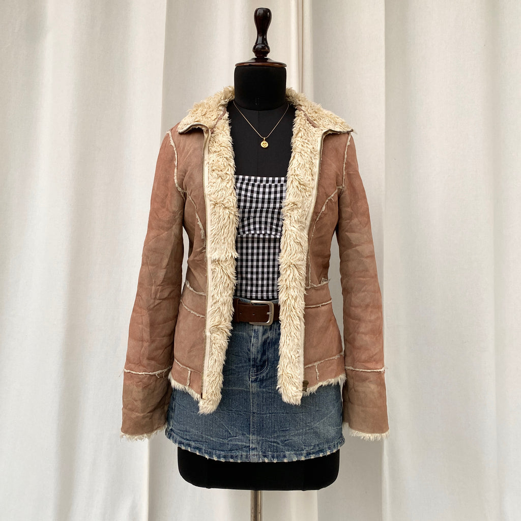 BEIGE SUEDE LEATHER JACKET WITH FURR (Fits XS/S/M)