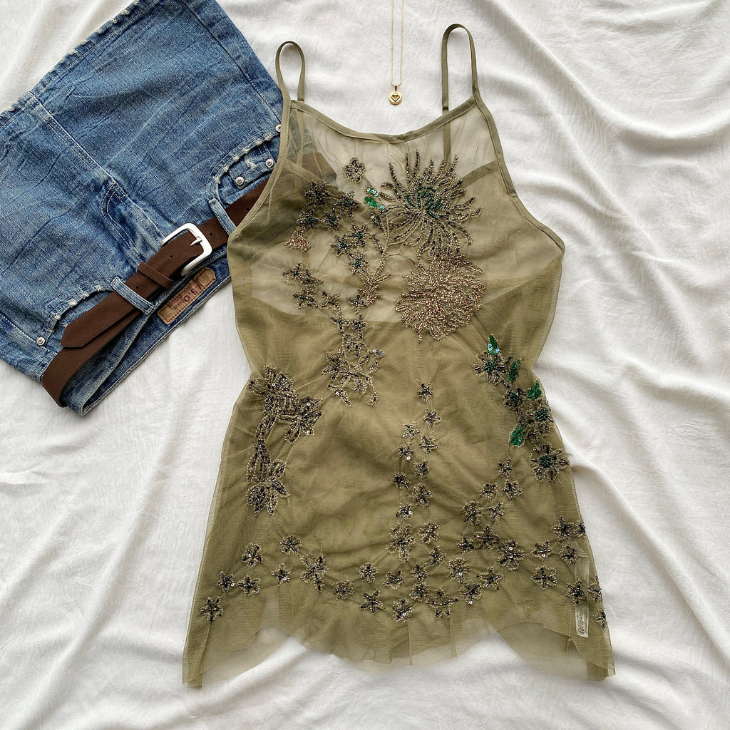 GREEN EMBELLISHED FAIRY TOP FROM FREE PEOPLE (Bust : 30-34, Upper Waist : 24-28)
