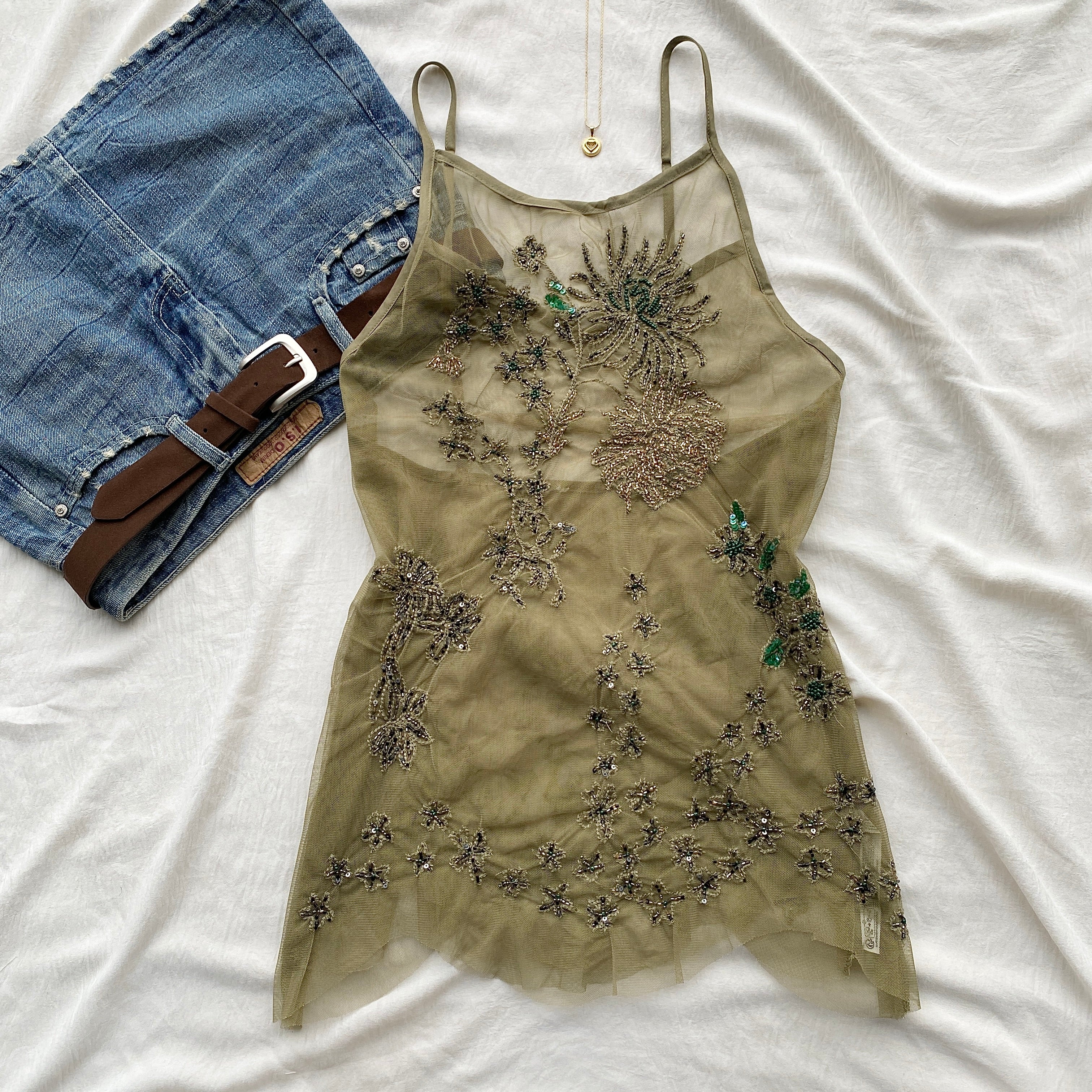 GREEN EMBELLISHED FAIRY TOP FROM FREE PEOPLE (Bust : 30-34, Upper Waist : 24-28)