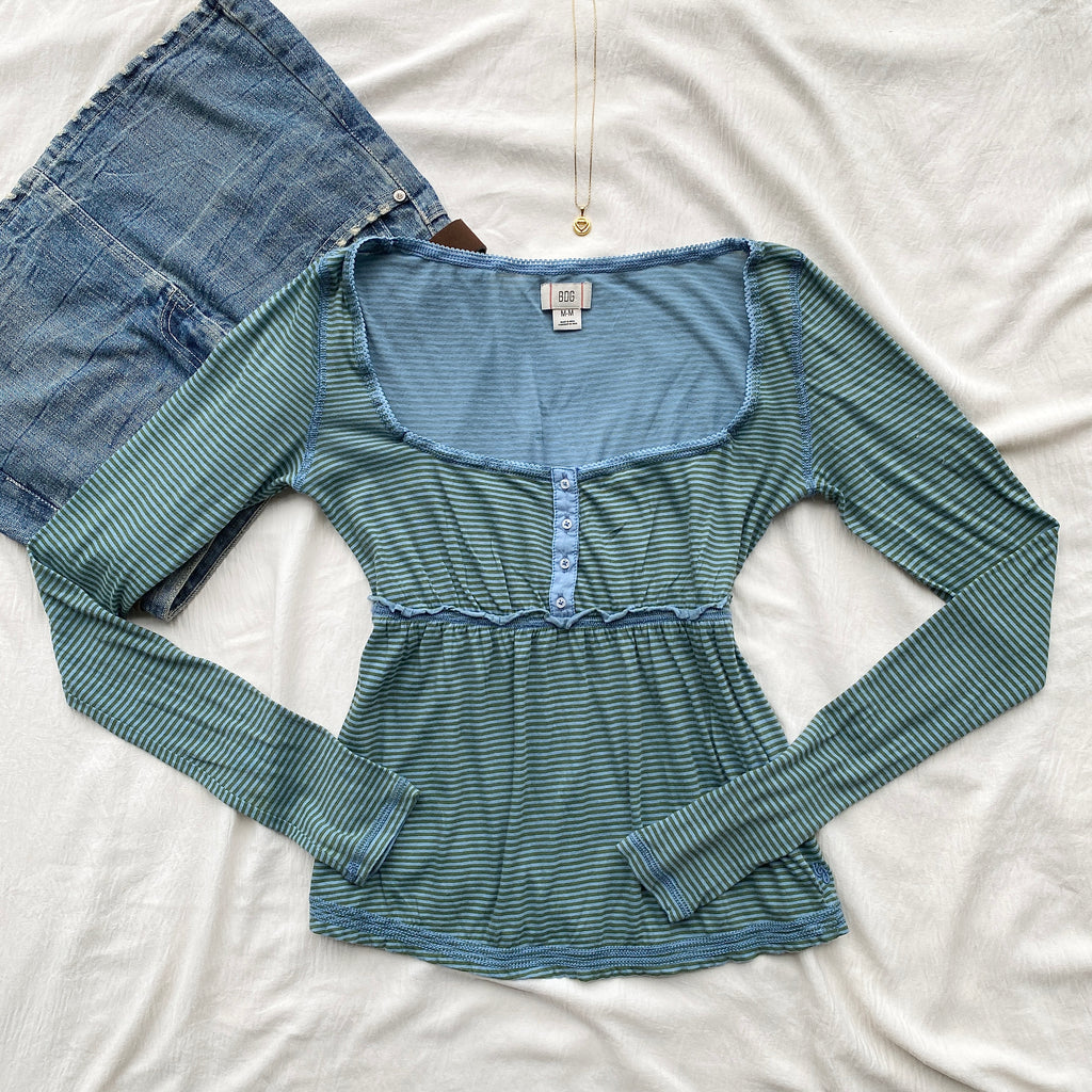 BLUE HENLEY TOP FROM URBAN OUTFITTERS (Bust : 32-34, Upper Waist : 26-34)