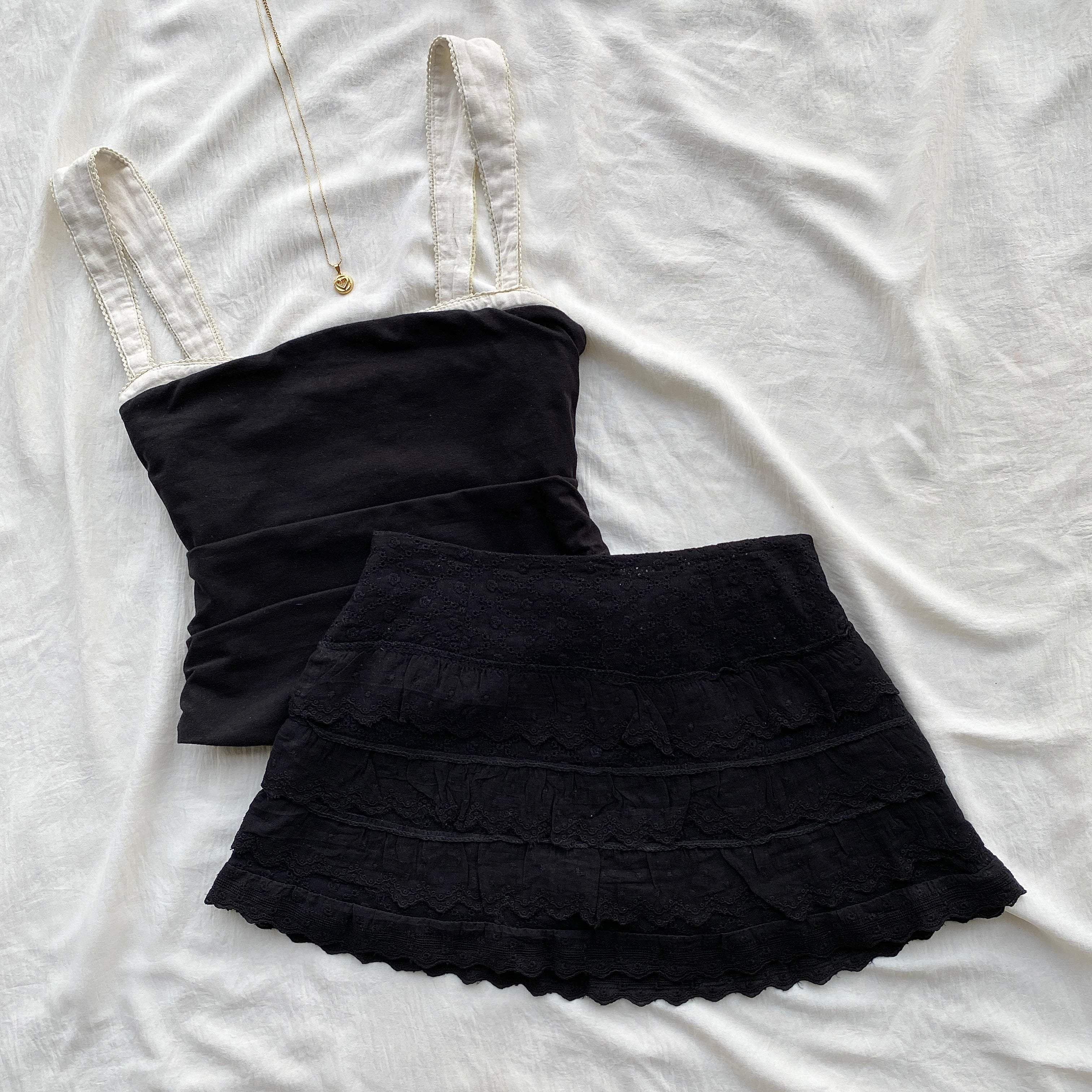 BLACK TIERED EYELET SKIRT (Waist : 22-26)