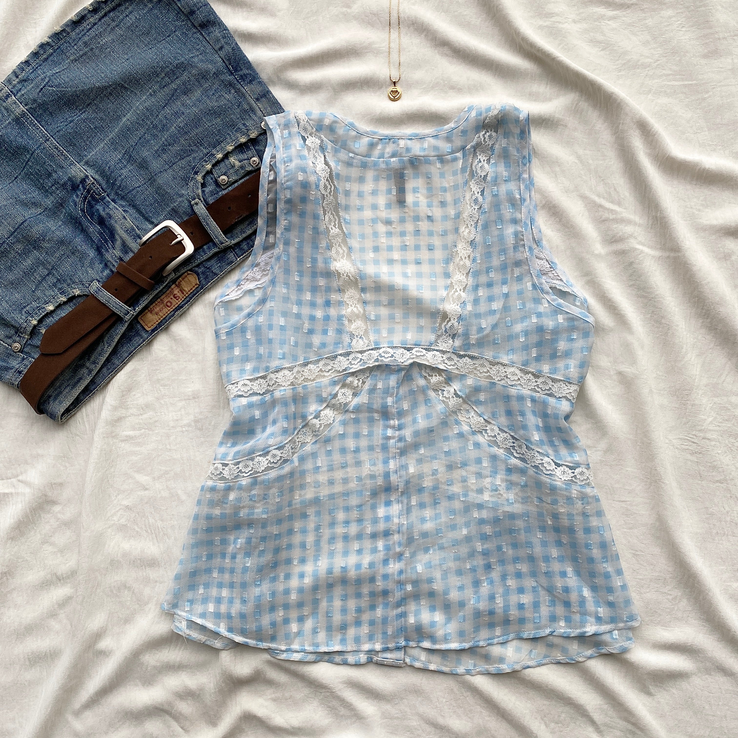 BLUE GHINGHAM TOP FROM ANTHROPOLOGY (Bust : 34-38, Upper Waist : 30-36)