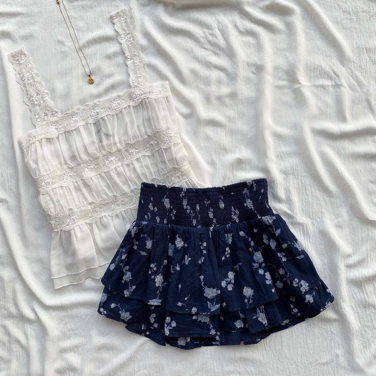 BLUE FLORAL TIERED SKIRT (Waist : 24-28)