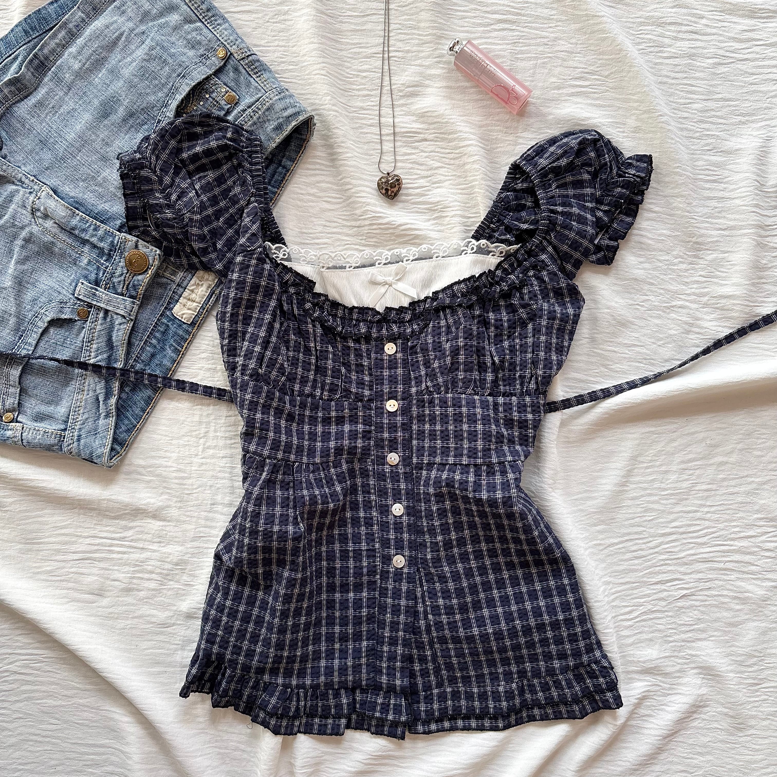 PLAID TOP IN NAVY BLUE (Bust : 28-34, Upper Waist : 24-28)