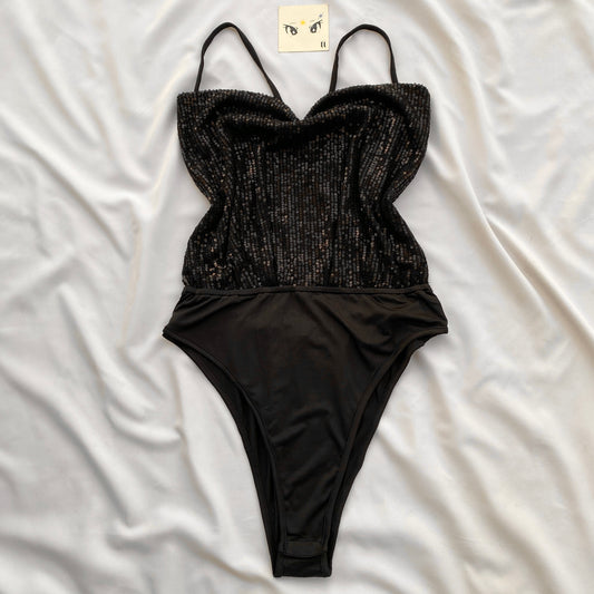 BLACK COWL NECK SHIMMERY BODYSUIT