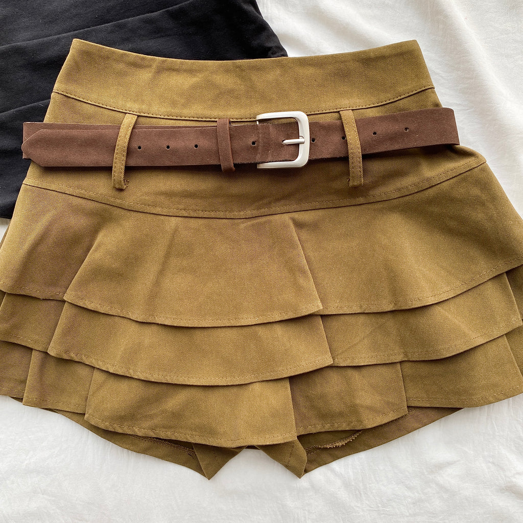KHAKI TIERED SKIRT WITH BELT (Waist : 24-26)