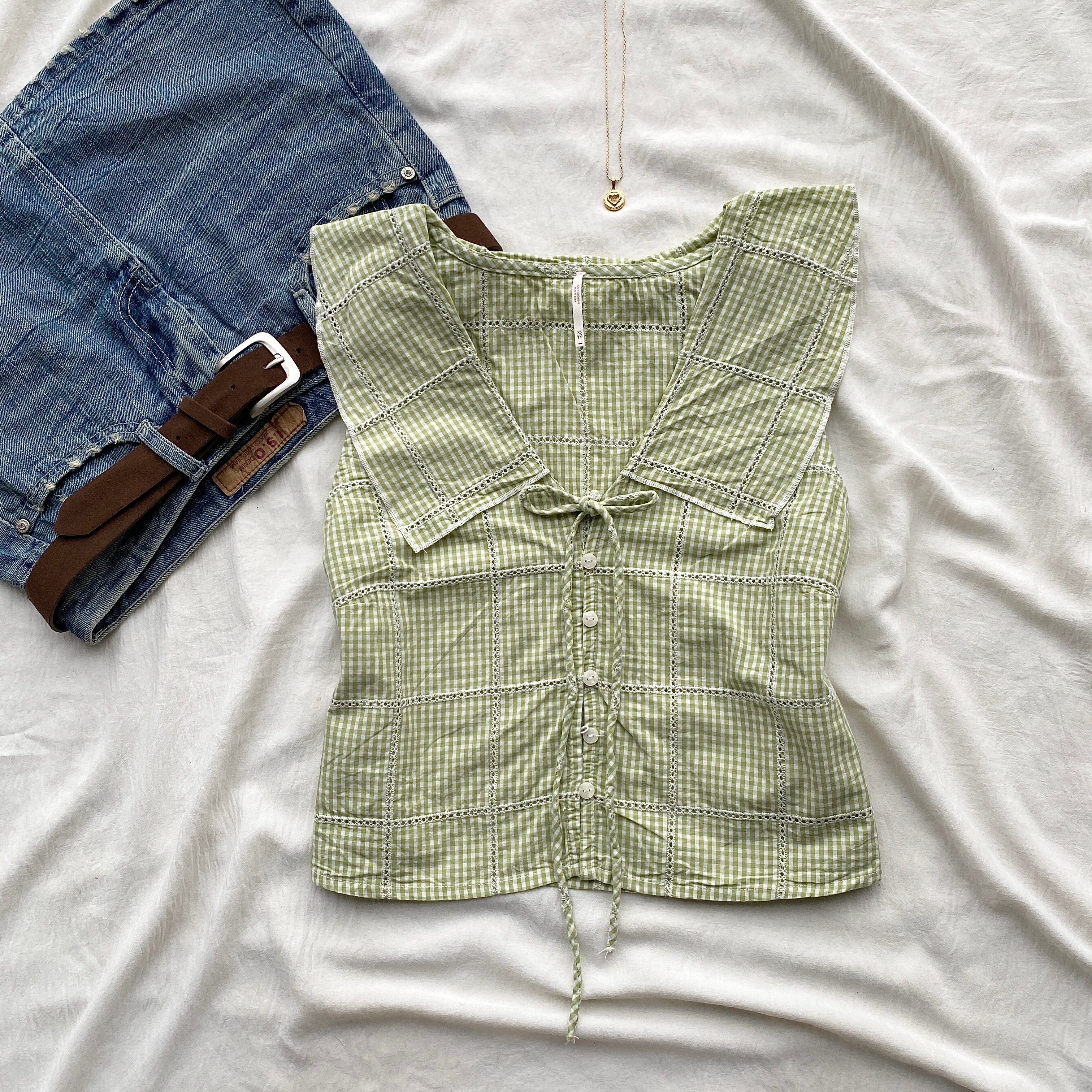 GREEN GHINGHAM TOP FROM FREE PEOPLE (Bust : 30-32, Upper Waist : 24-28)