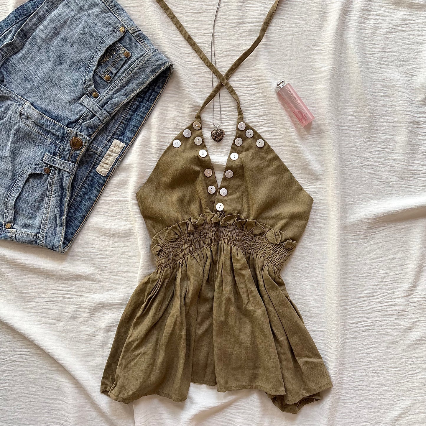 BUTTON TOP IN OLIVE GREEN (Bust : 28-34, Upper Waist : 22-28)