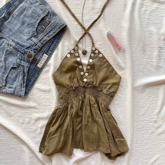 BUTTON TOP IN OLIVE GREEN (Bust : 28-34, Upper Waist : 22-28)