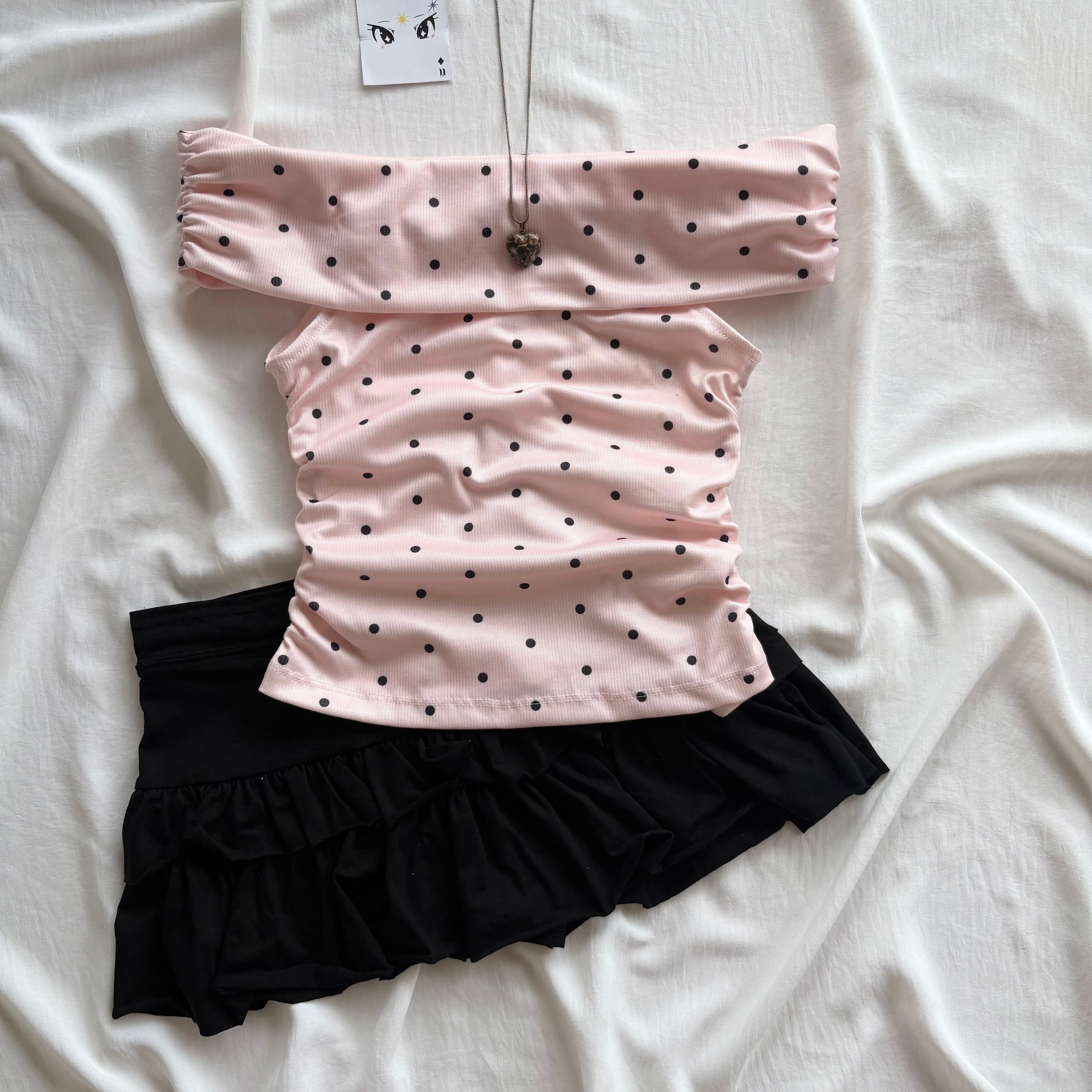 PINK OFF SHOULDER POLKA DOT (Bust : 28-32, Upper Waist : 22-28)