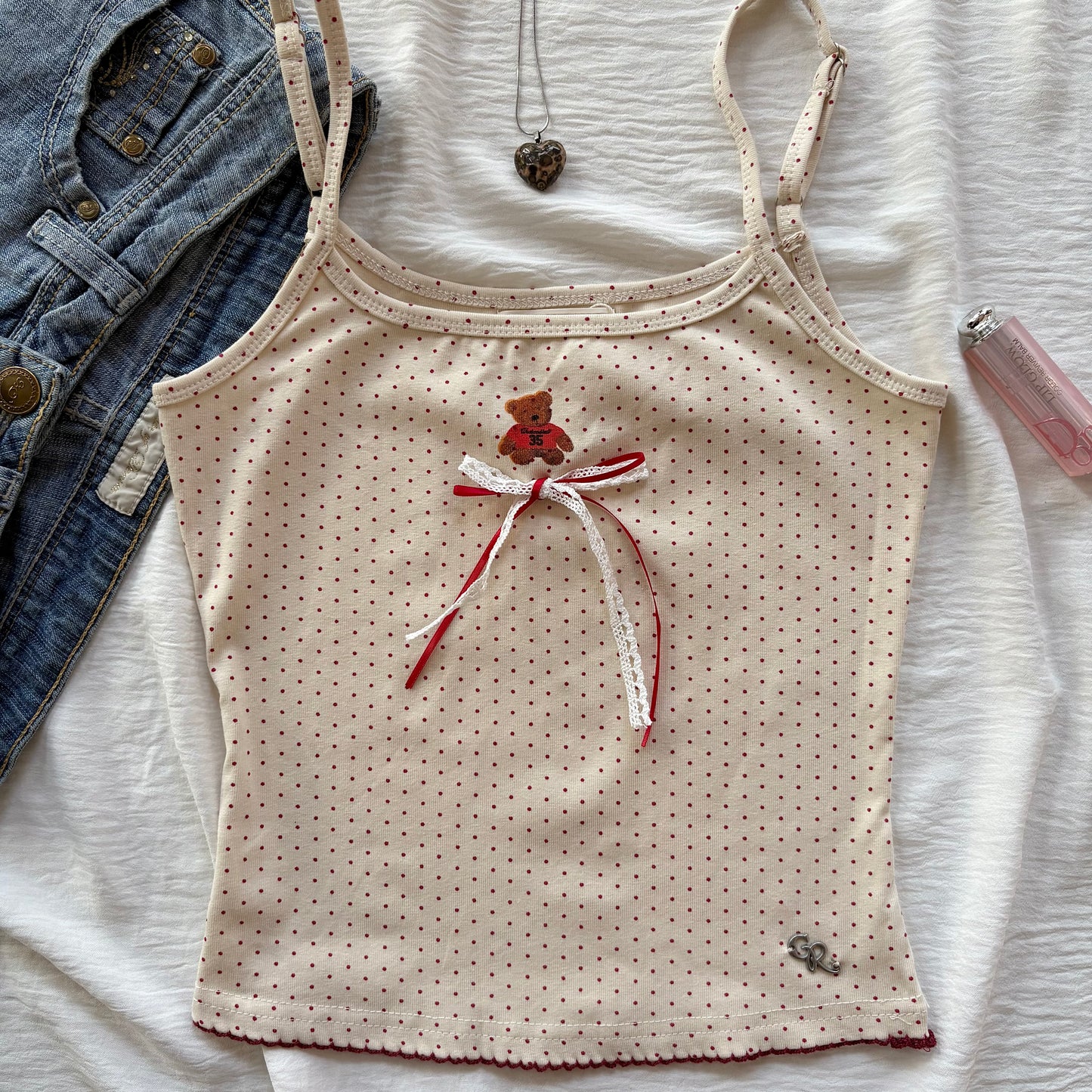 TEDDY BEAR POLKA DOT TANK IN RED (Bust : 28-34, Upper Waist : 22-28)
