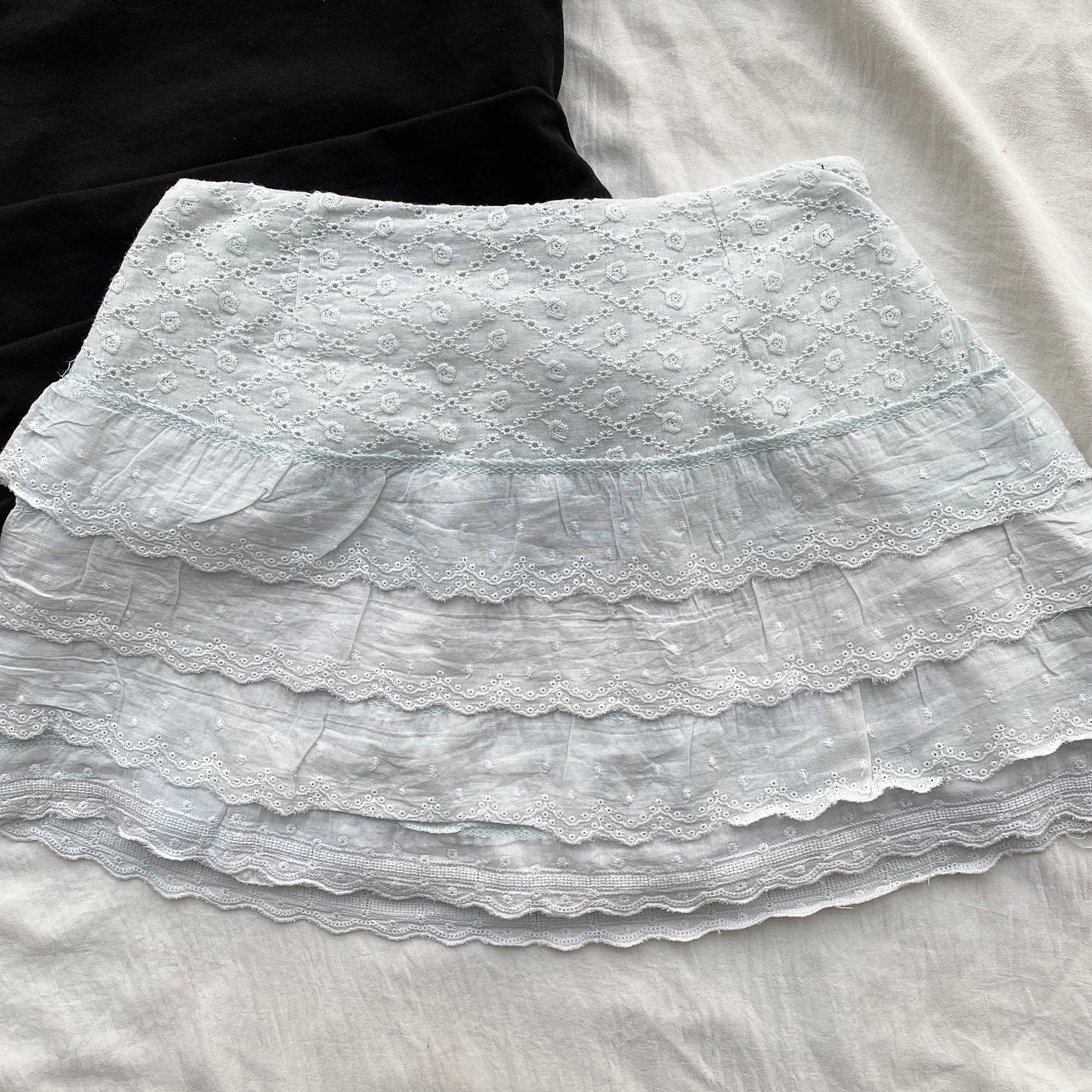 BLUE EYELET TIERED SKIRT (Waist : 22-26)