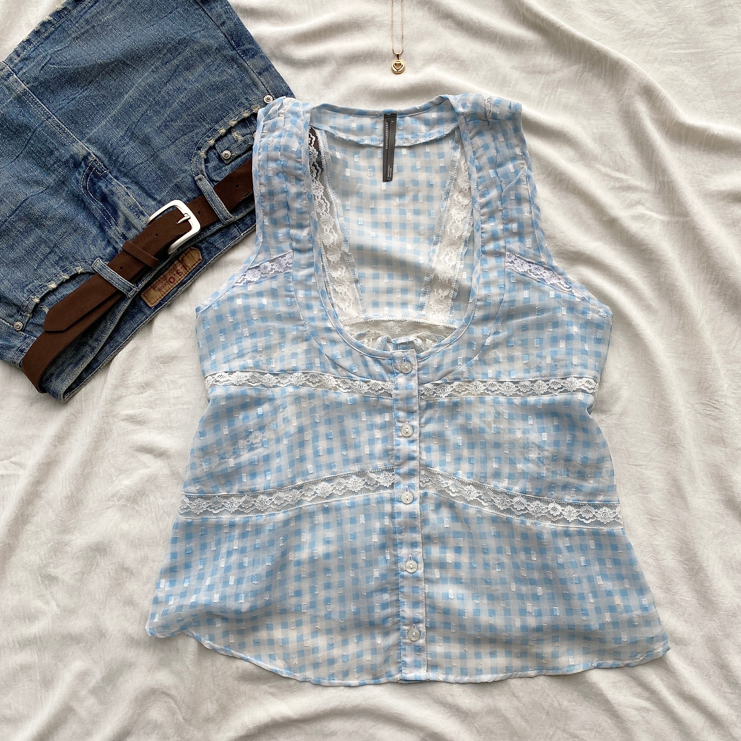 BLUE GHINGHAM TOP FROM ANTHROPOLOGY (Bust : 34-38, Upper Waist : 30-36)
