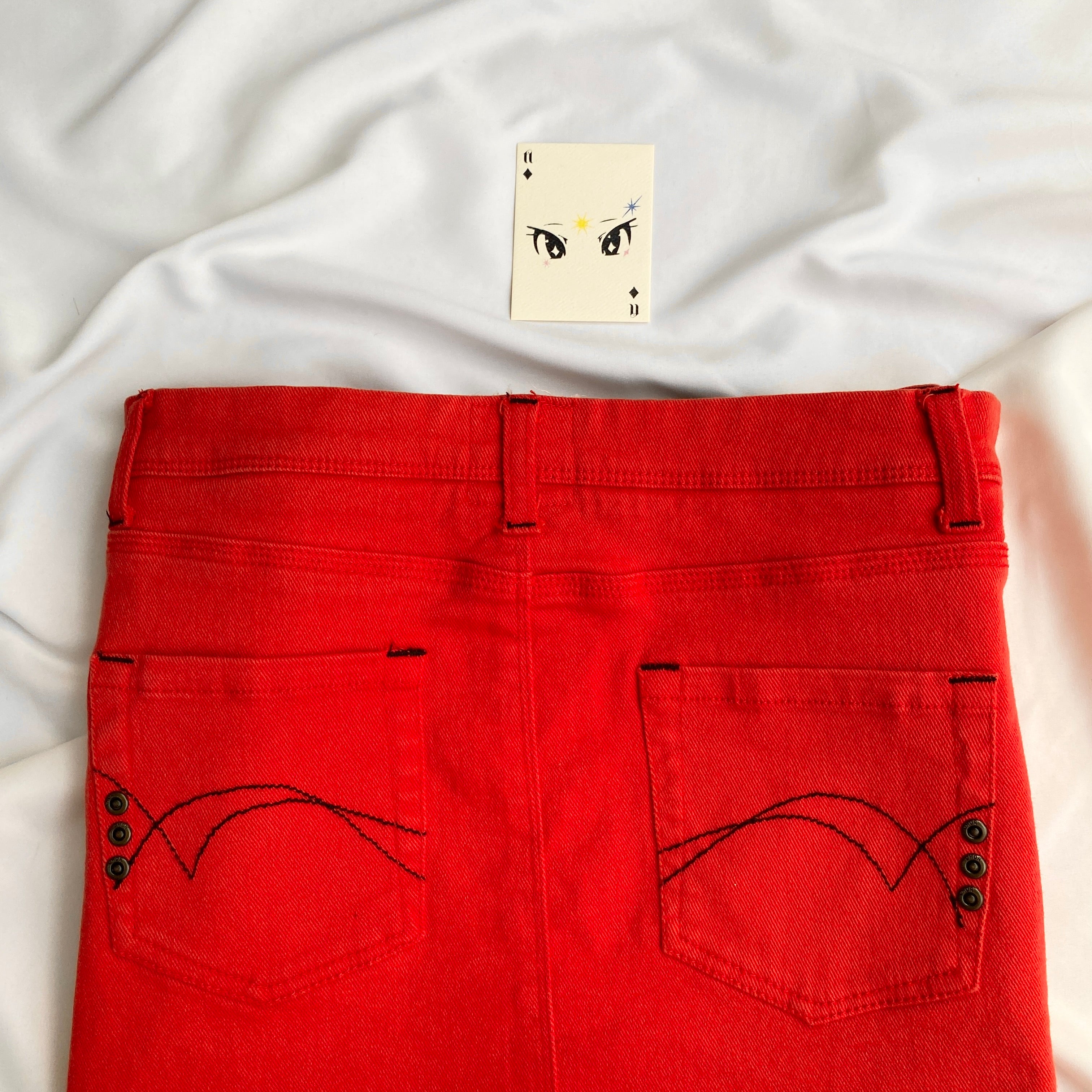 RED DENIM SKIRT (Waist : 32-34)