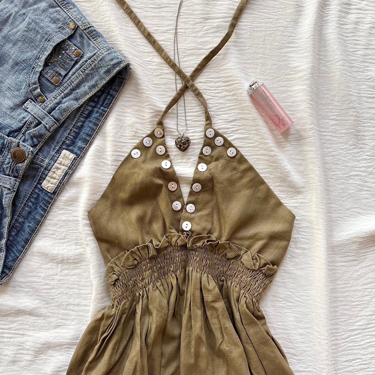BUTTON TOP IN OLIVE GREEN (Bust : 28-34, Upper Waist : 22-28)