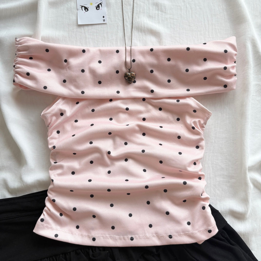 PINK OFF SHOULDER POLKA DOT (Bust : 28-32, Upper Waist : 22-28)