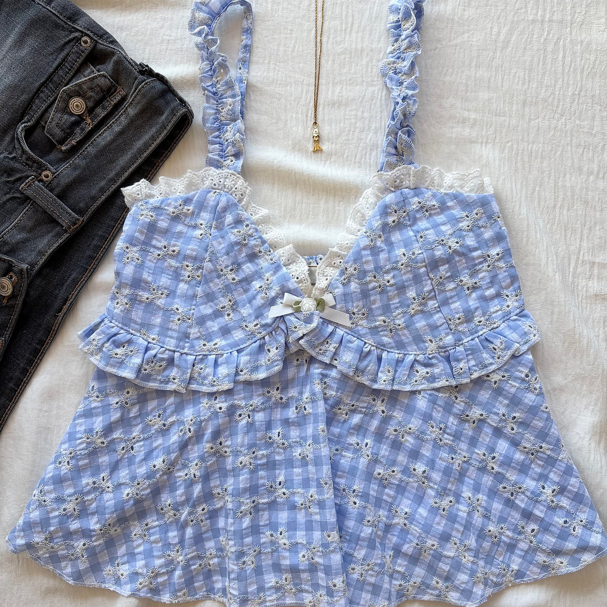 LOVE NOTE TOP IN BLUE GINGHAM (Bust : 28-32, Upper Waist : 23-28)