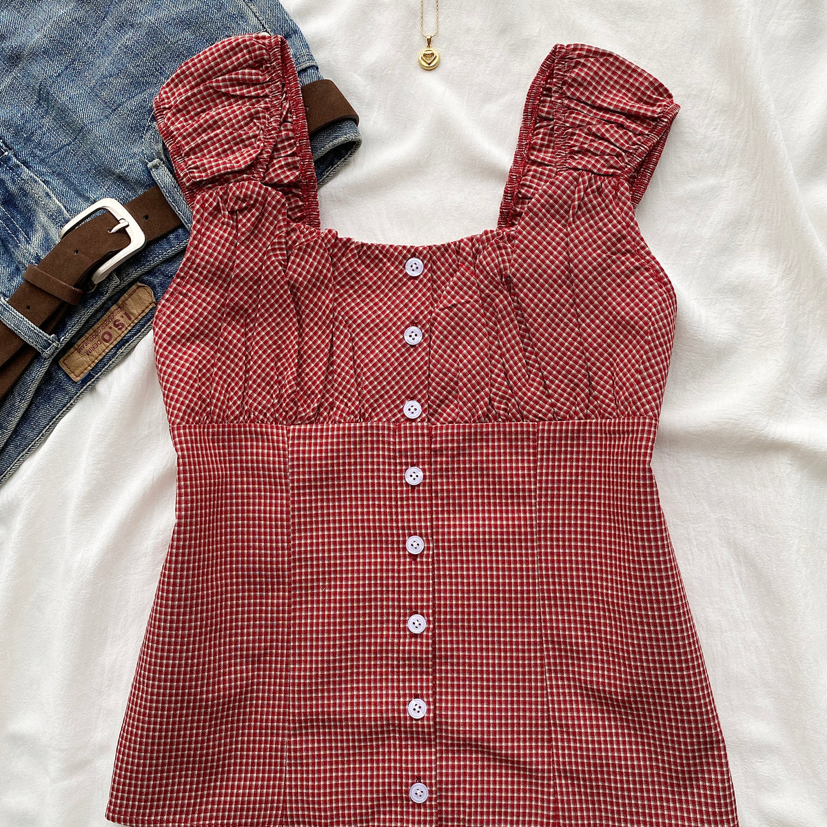 DOLLY PLAID TOP IN RED (Bust : 32-34, Upper Waist : 28-32)