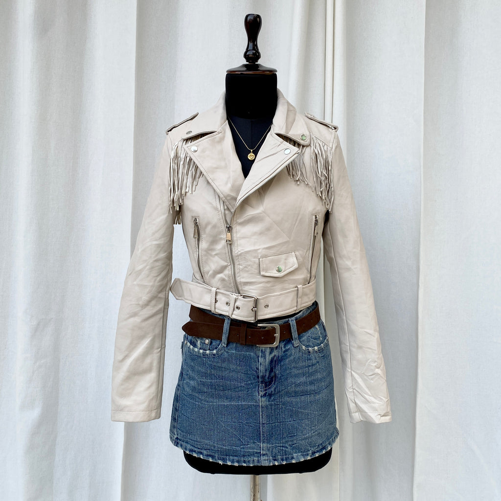 WHITE FAUX LEATHER WITH FRINGES (Fits XS/S)