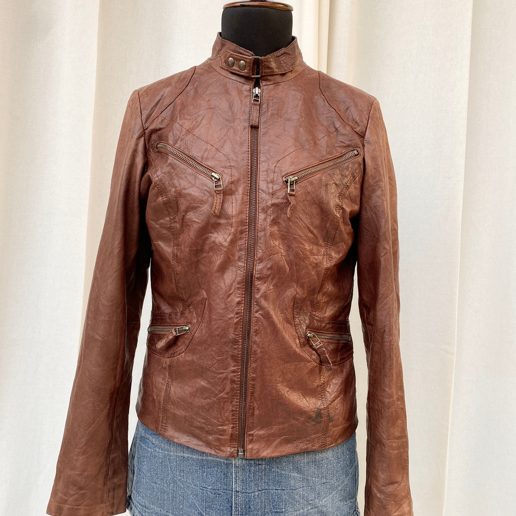 BROWN LEATHER JACKET (Fits XS/S/M)