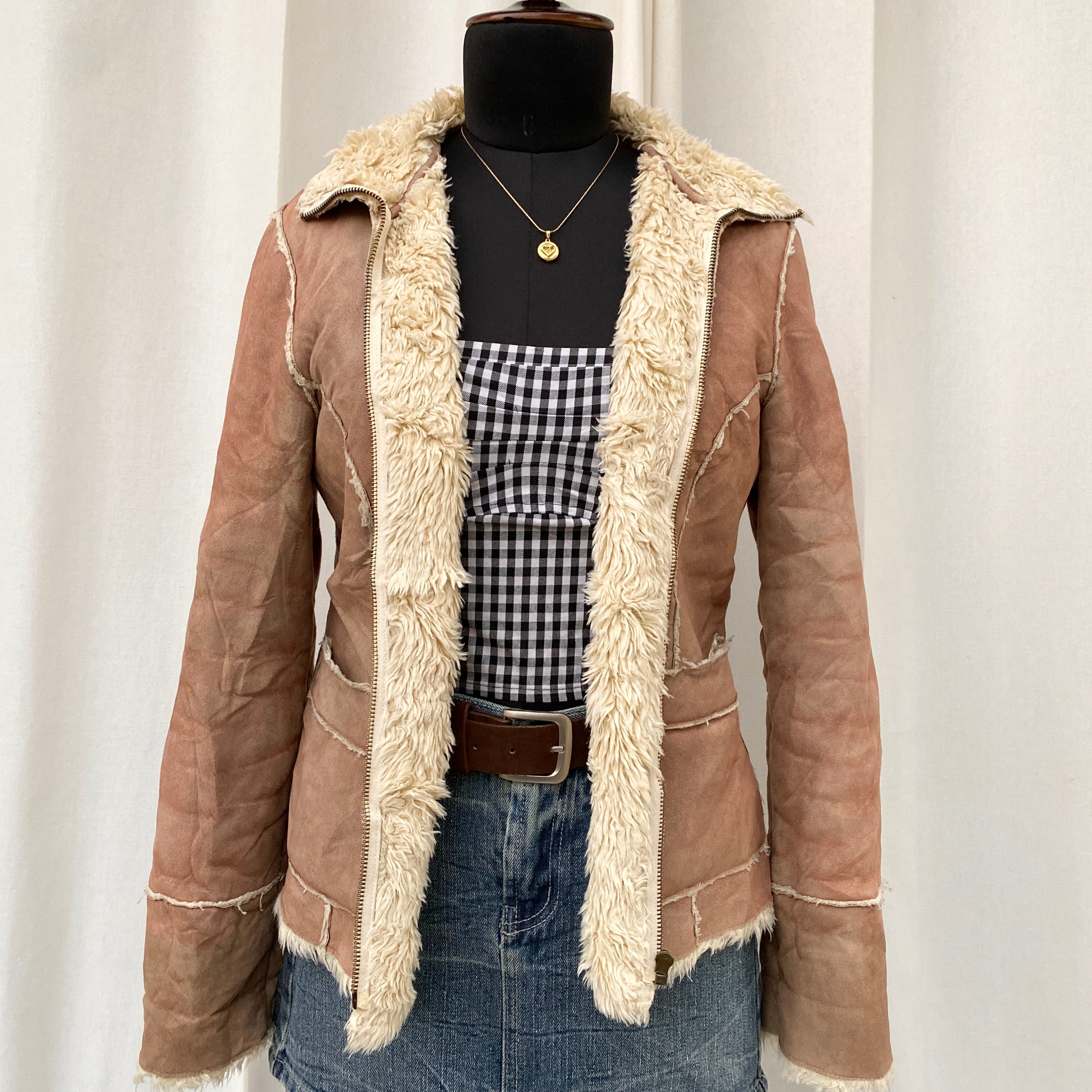 BEIGE SUEDE LEATHER JACKET WITH FURR (Fits XS/S/M)