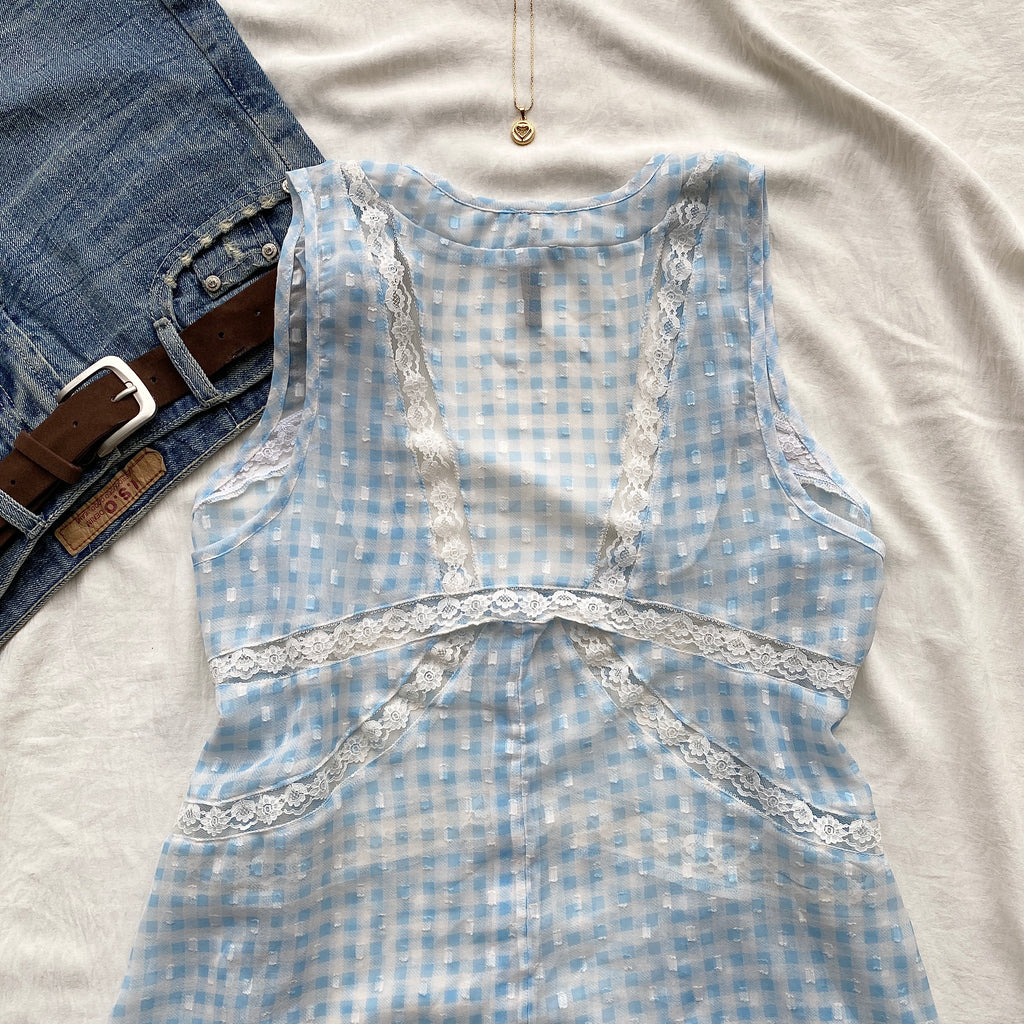 BLUE GHINGHAM TOP FROM ANTHROPOLOGY (Bust : 34-38, Upper Waist : 30-36)