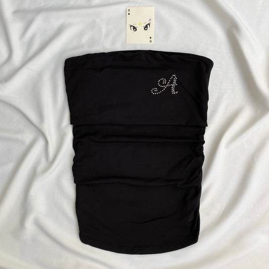 BLACK RUCHED TUBE TOP WITH EMBELLISHED A (Bust : 28-32, Upper Waist : 24-28)