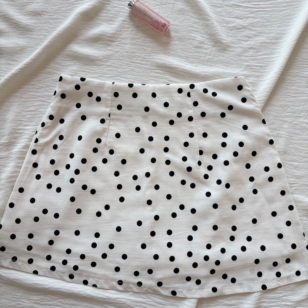 MINI POLKA DOT SKIRT WITH SHORTS IN WHITE (Sizes available)