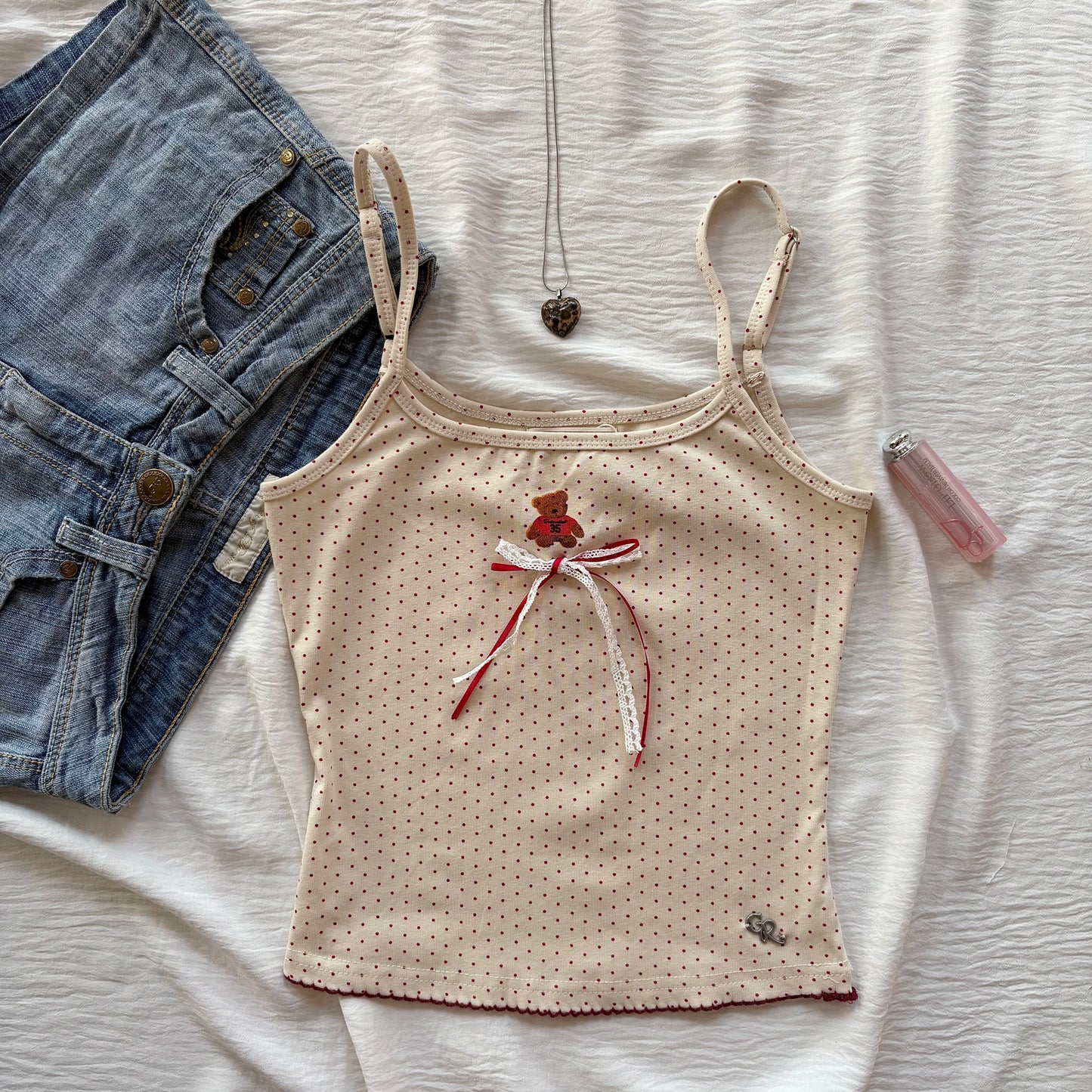 TEDDY BEAR POLKA DOT TANK IN RED (Bust : 28-34, Upper Waist : 22-28)