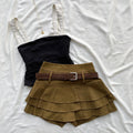 KHAKI TIERED SKIRT WITH BELT (Waist : 24-26)