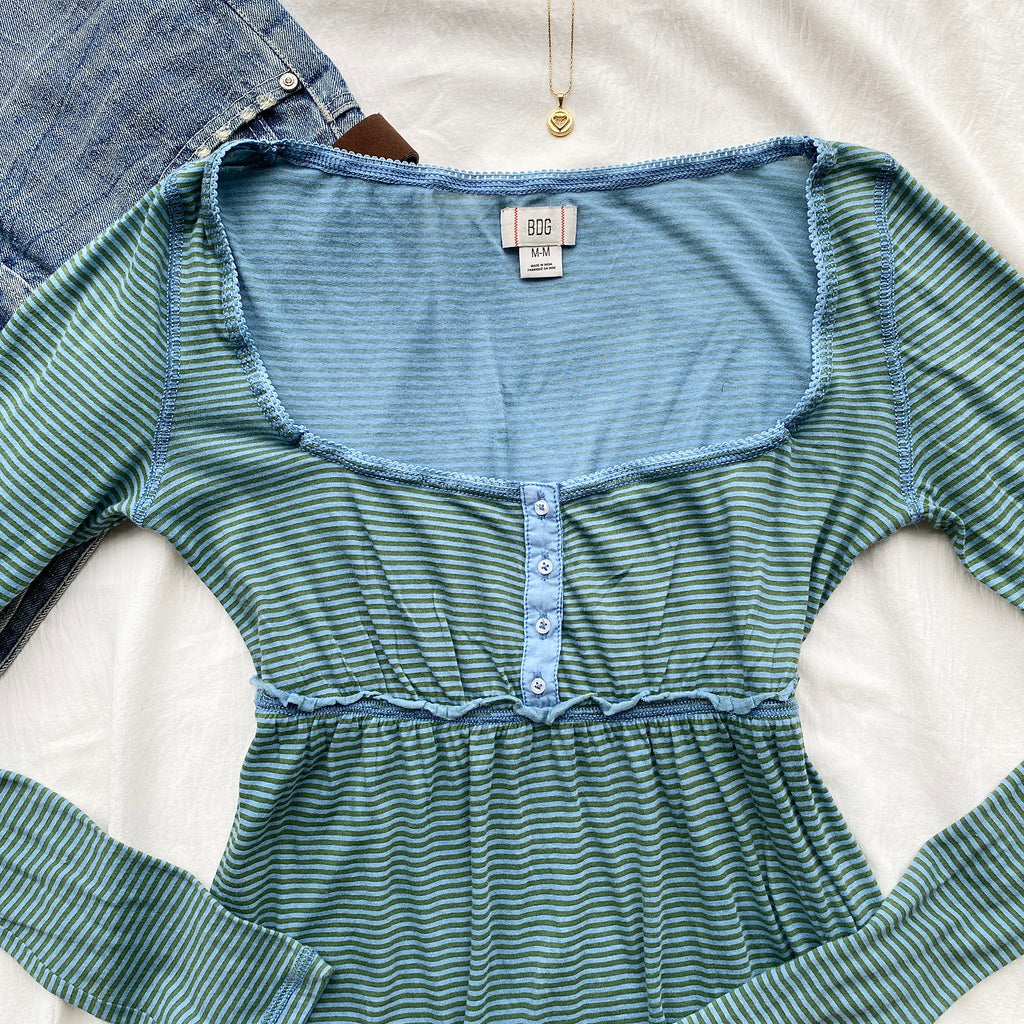 BLUE HENLEY TOP FROM URBAN OUTFITTERS (Bust : 32-34, Upper Waist : 26-34)