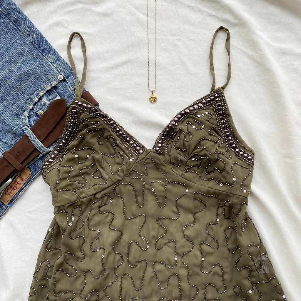 OLIVE GREEN EMBELLISHED TOP (Bust : 34-36, Upper Waist : 28-32)