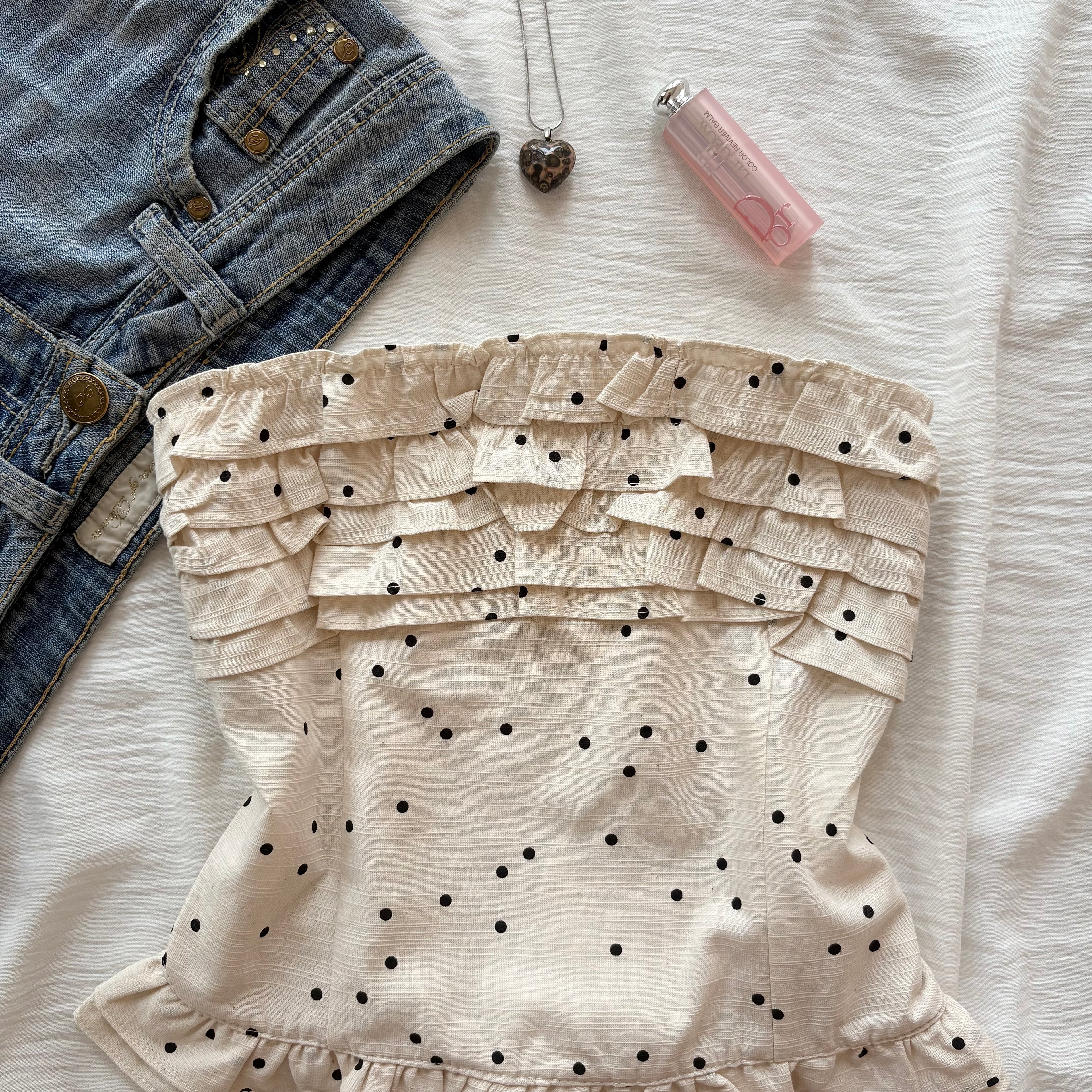 CREAM POLKA DOT TOP (Bust : 28-32, Upper Waist : 23-26)