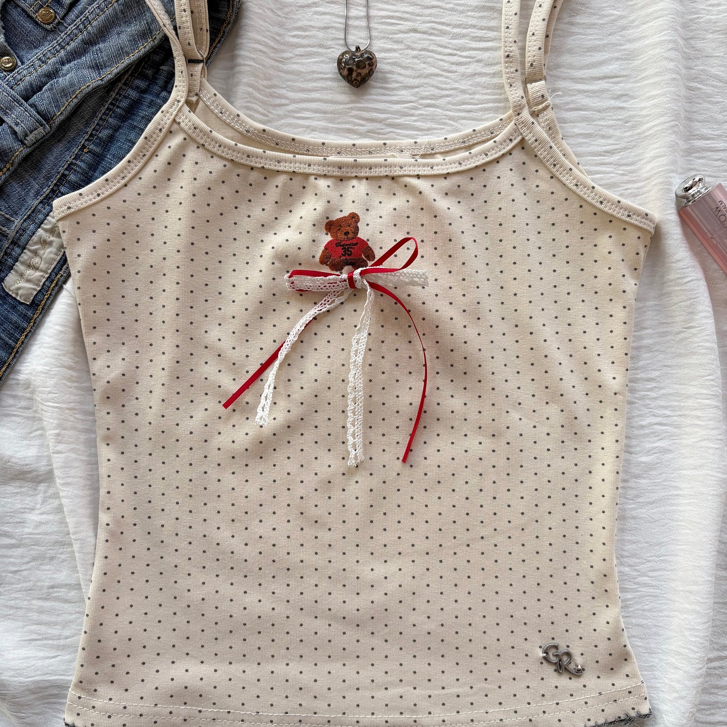 TEDDY BEAR POLKA DOT TANK IN GREY (Bust : 28-34, Upper Waist : 22-28)