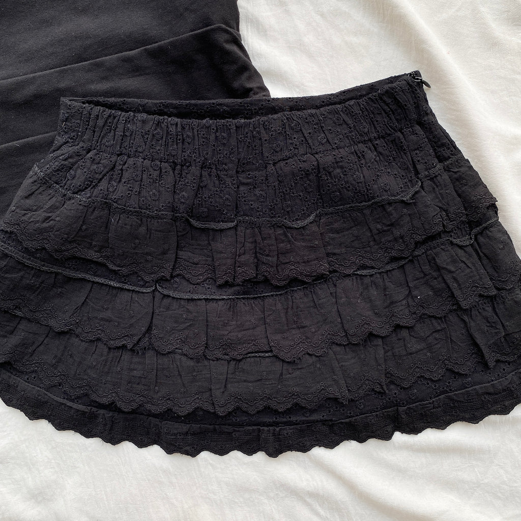 BLACK TIERED EYELET SKIRT (Waist : 22-26)